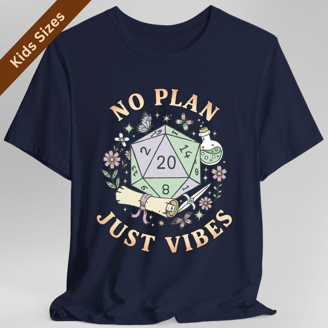 The same No Plan Just Vibes design, on a navy kids t-shirt.