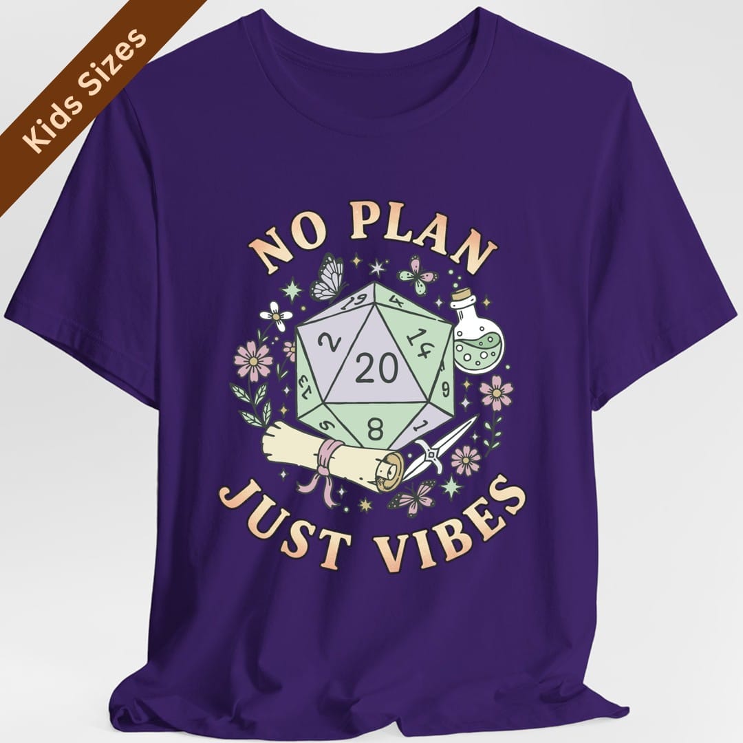 The same No Plan Just Vibes design, on a purple kids t-shirt.