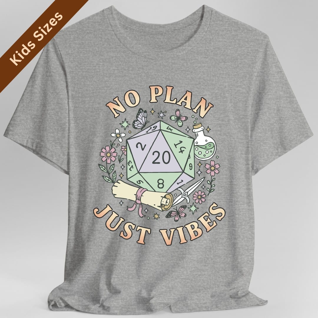 The same No Plan Just Vibes design, on a sport grey kids t-shirt.
