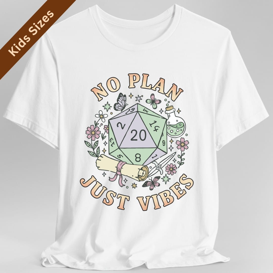 The same No Plan Just Vibes design, on a white kids t-shirt.