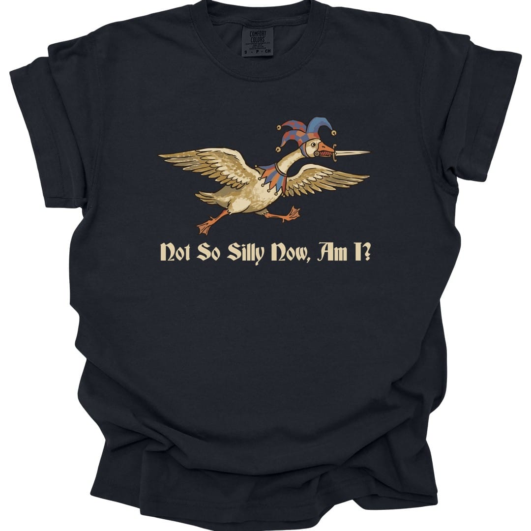 Black t-shirt. A goose flies to the left with its wings spread and neck outstretched, wearing a red and blue jester hat with bells, a sword gripped in its beak. Underneath, "Not So Silly Now, Am I?" in a dark script.