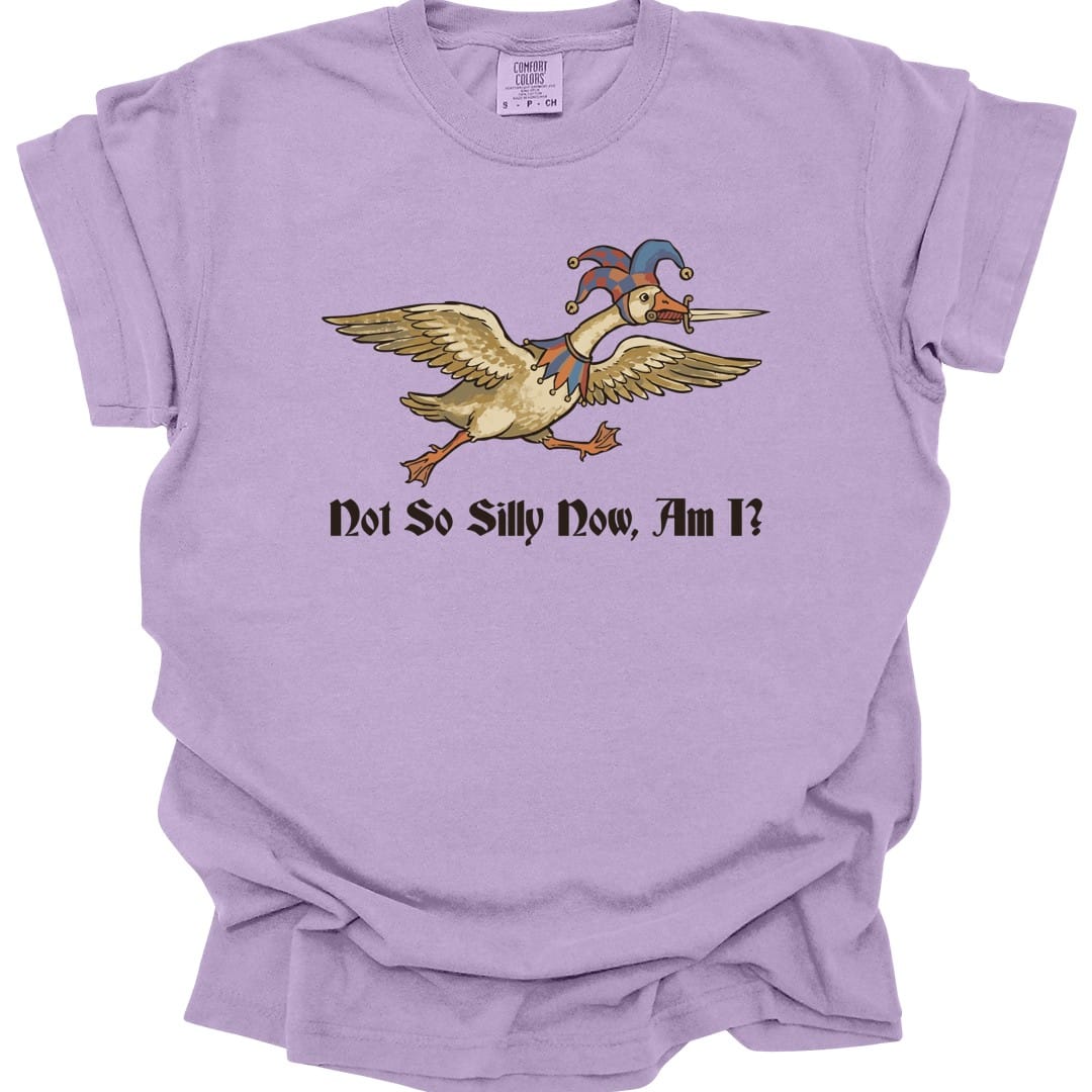 The same Not So Silly Now Am I goose design, on an orchid t-shirt.