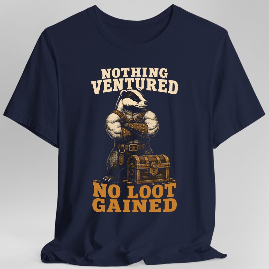 The same Nothing ventured badger design, on a navy t-shirt.