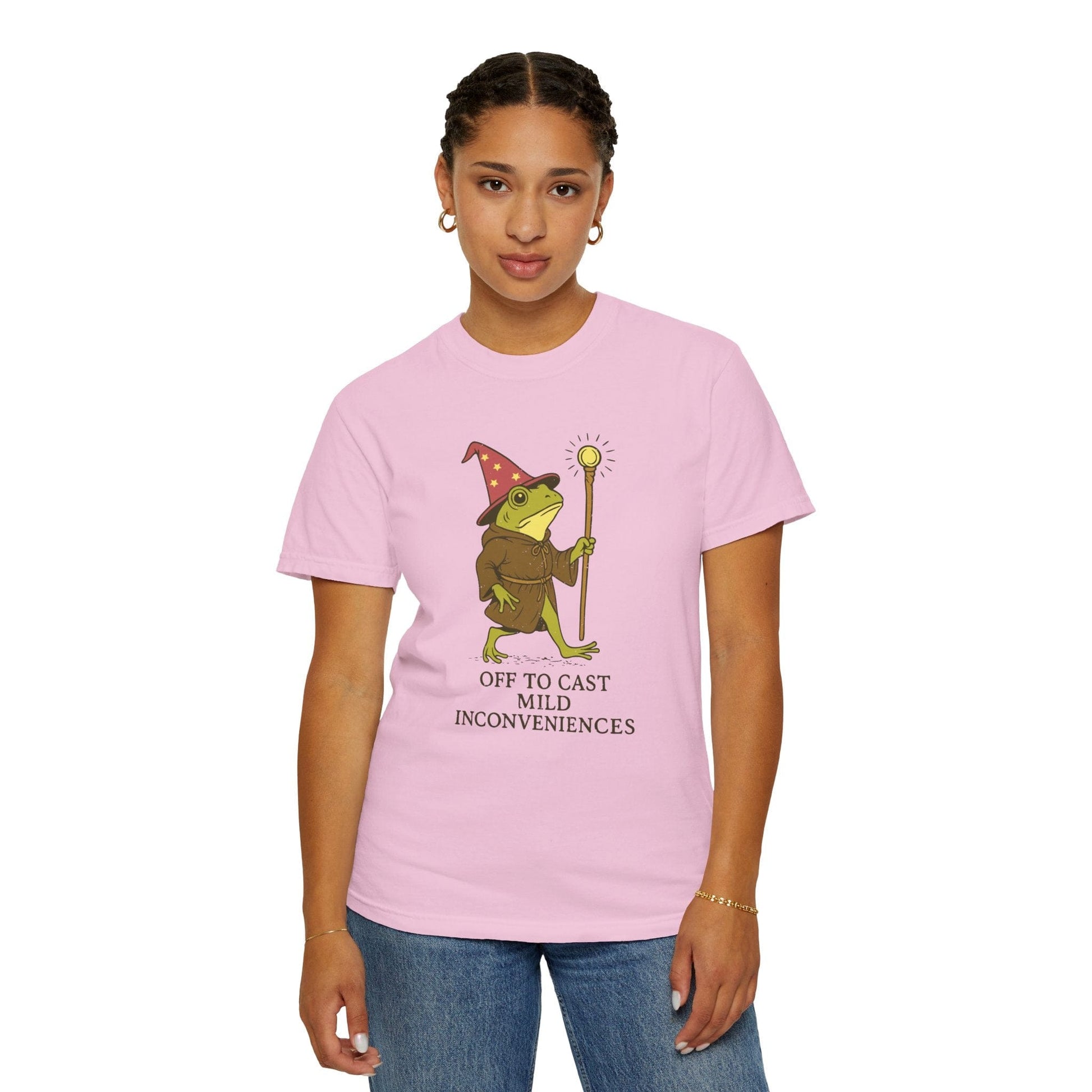 Printify T-Shirt Off to Cast Mild Inconveniences – Wizard Frog T-Shirt - Comfort Colors