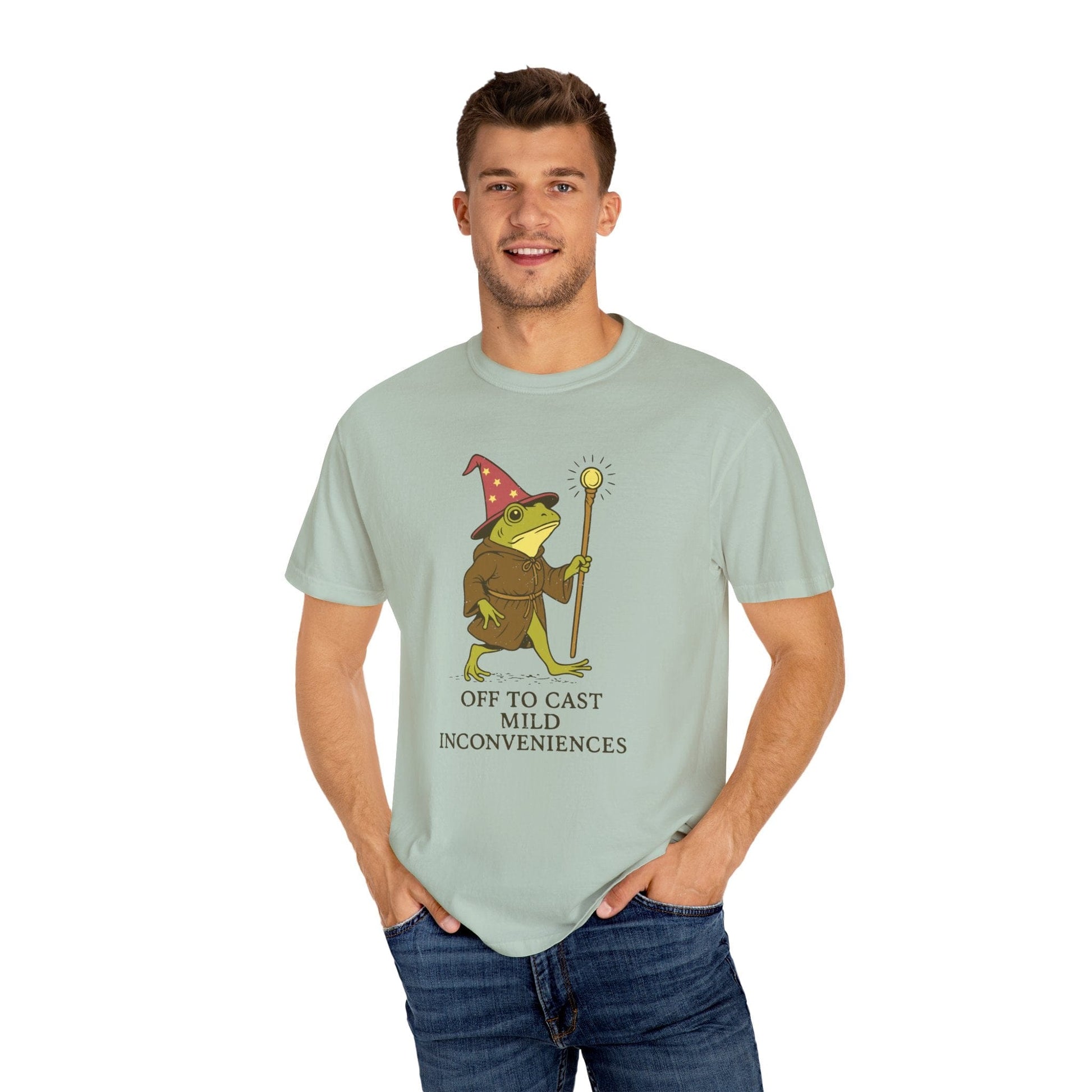 Printify T-Shirt Off to Cast Mild Inconveniences – Wizard Frog T-Shirt - Comfort Colors