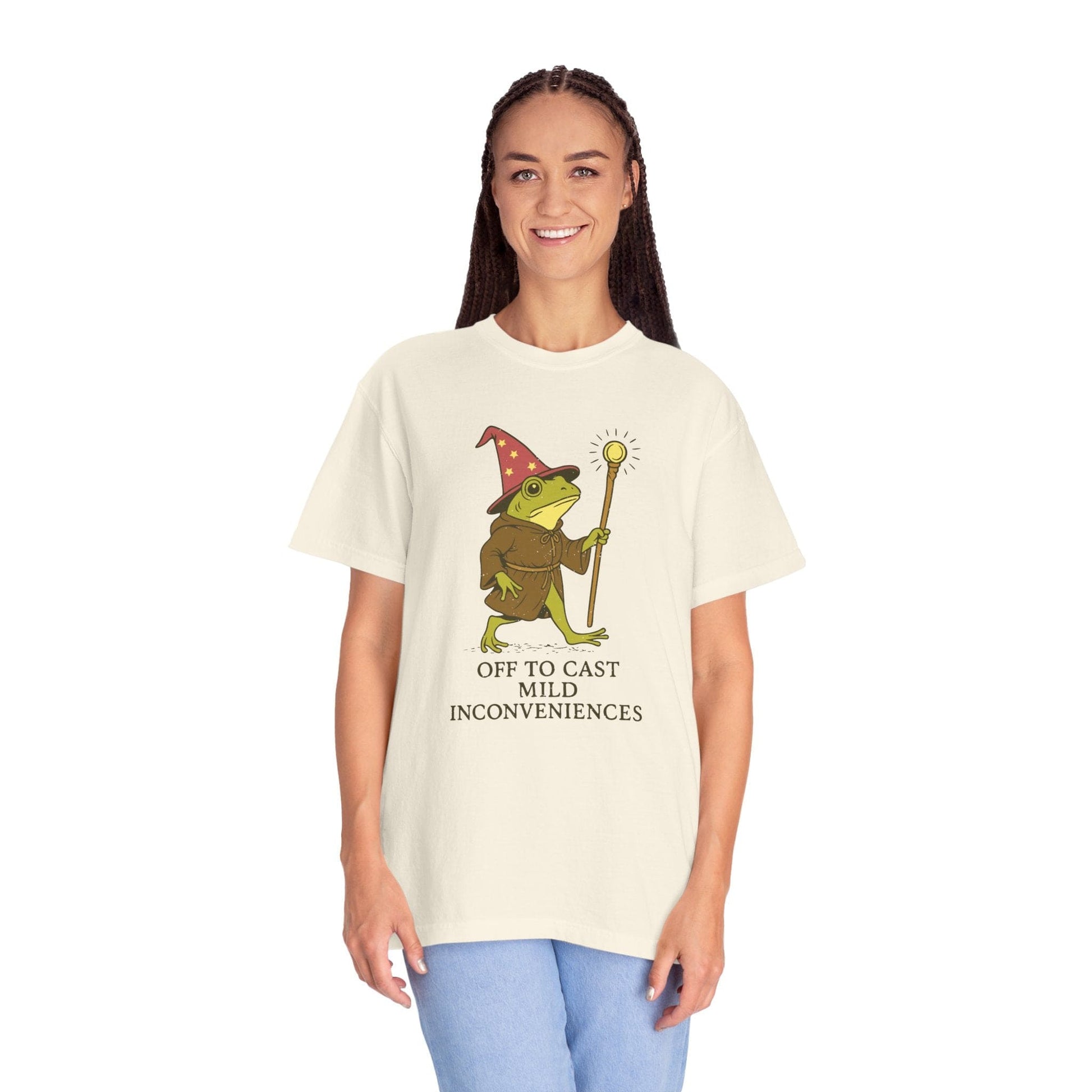 Printify T-Shirt Off to Cast Mild Inconveniences – Wizard Frog T-Shirt - Comfort Colors