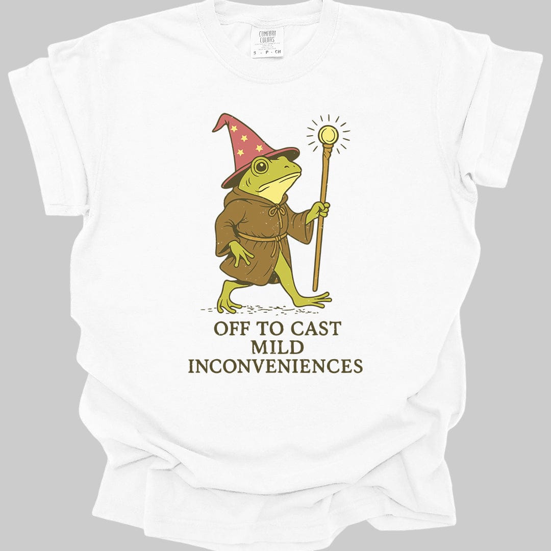 Printify T-Shirt White / S Off to Cast Mild Inconveniences – Wizard Frog T-Shirt - Comfort Colors