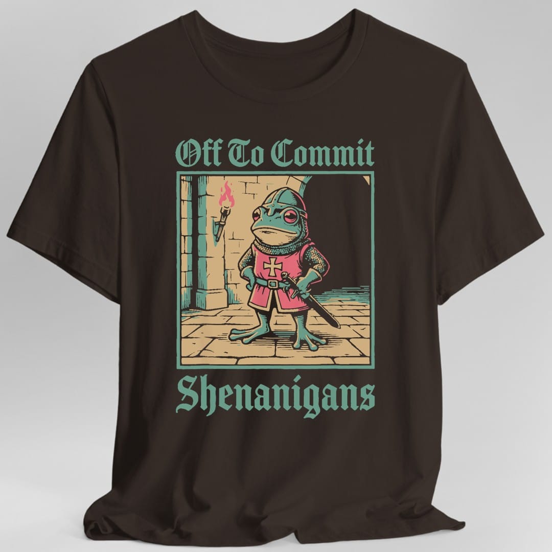 The same Shenanigans Frog knight design, on a dark chocolate t-shirt.
