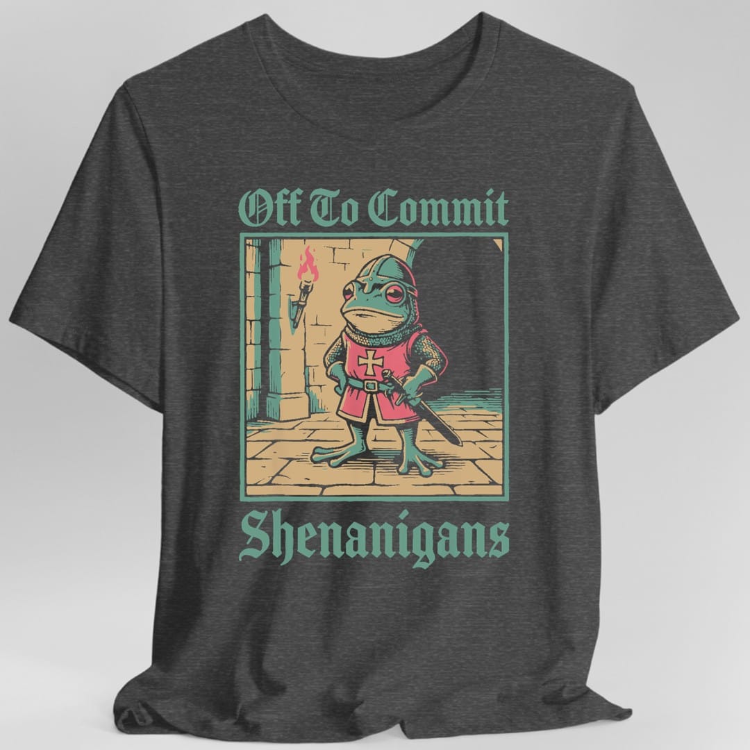 The same Shenanigans Frog knight design, on a dark heather t-shirt.