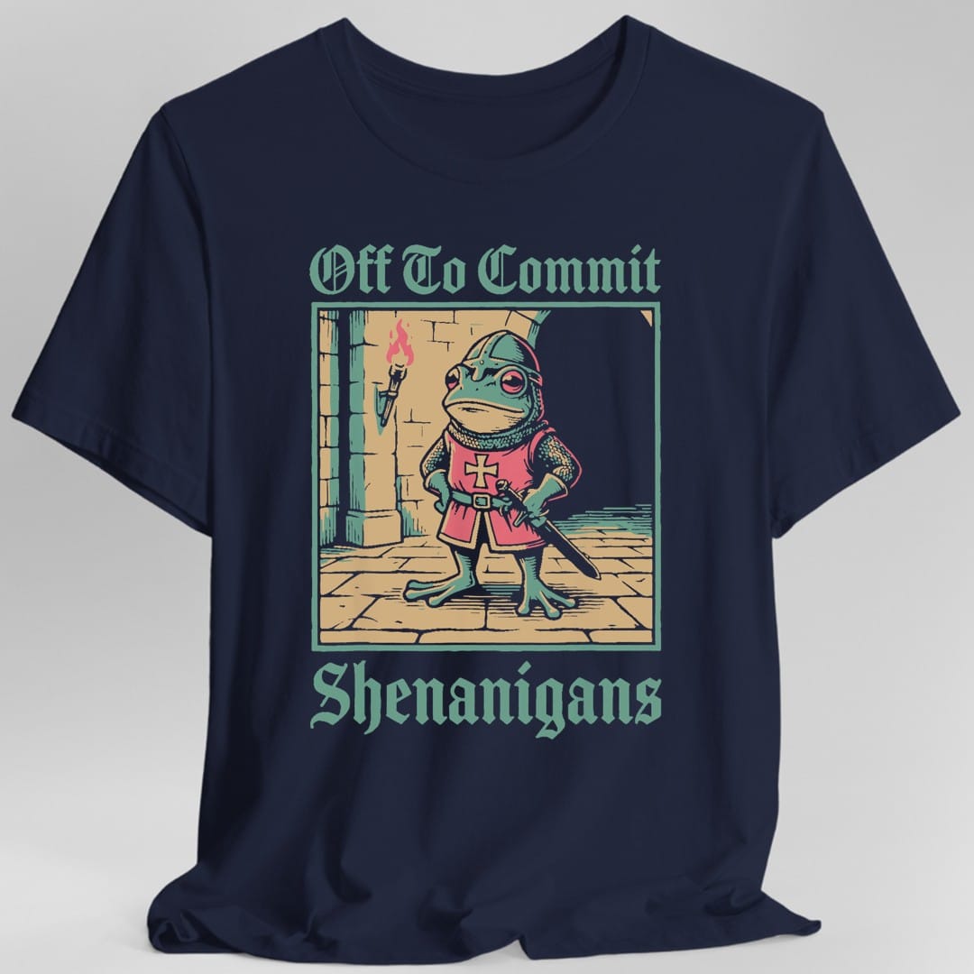 The same Shenanigans Frog knight design, on a navy t-shirt.