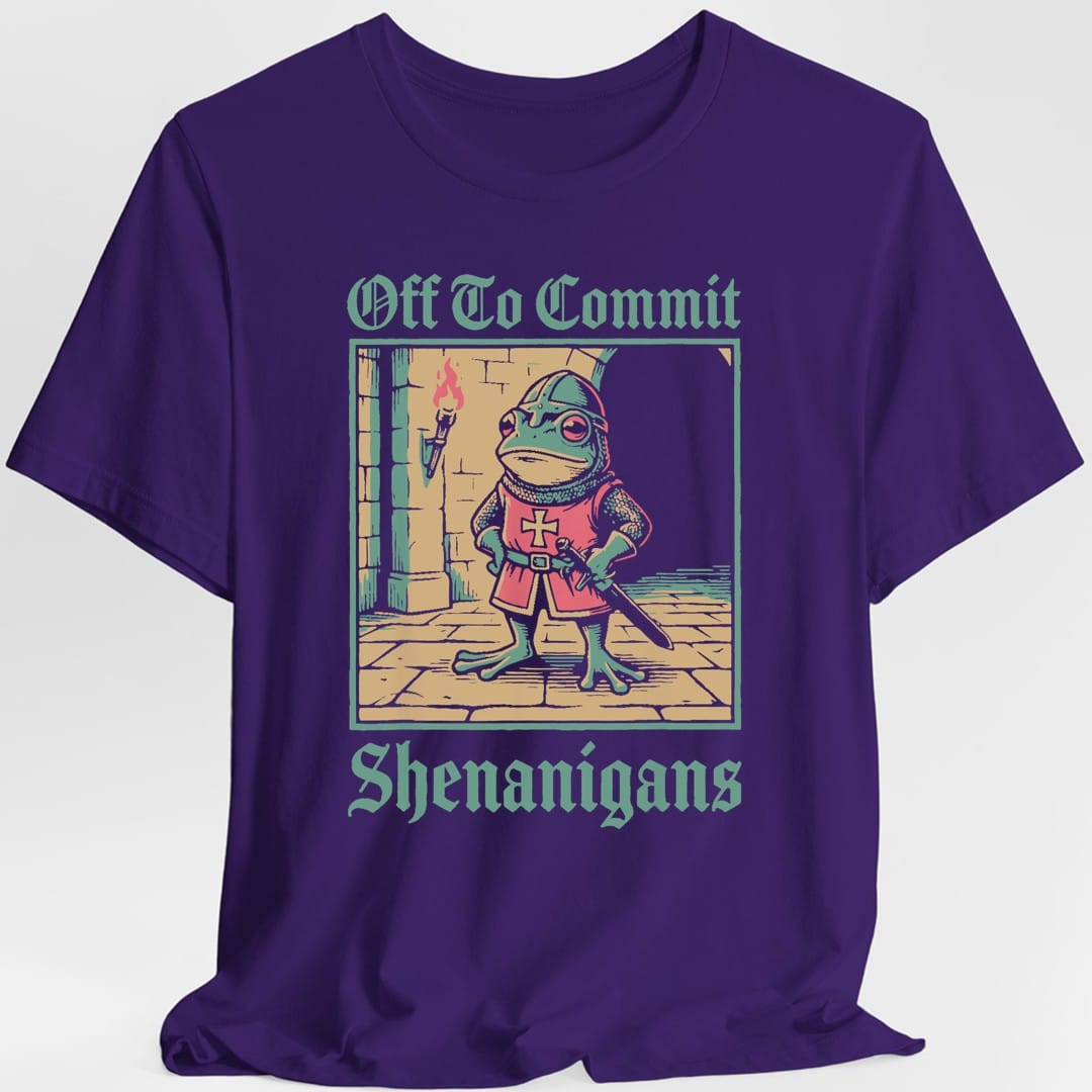 The same Shenanigans Frog knight design, on a purple t-shirt.
