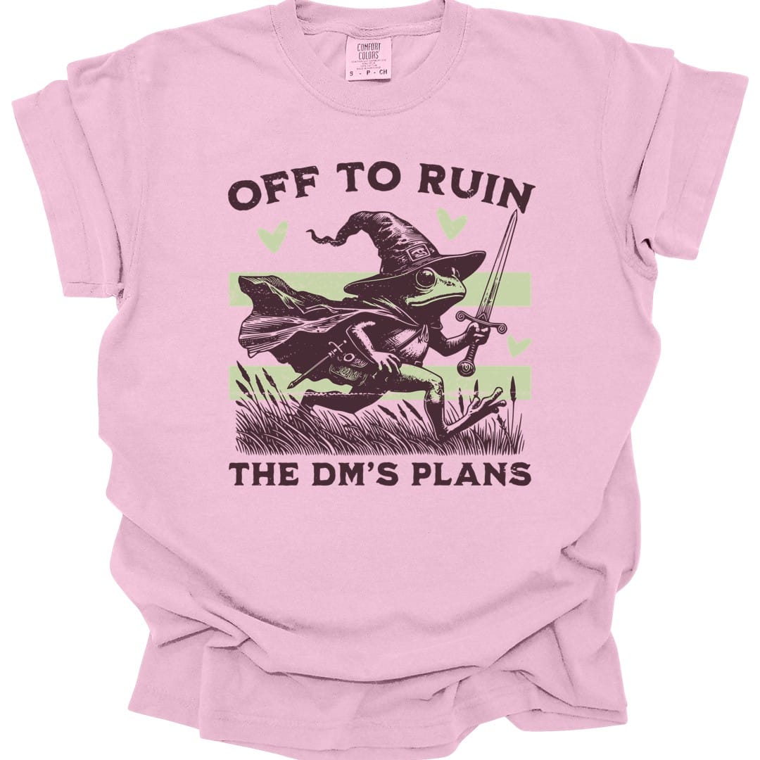 The same Off to Ruin the DM's Plans frog design, on a blossom t-shirt.