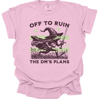 The same Off to Ruin the DM's Plans frog design, on a blossom t-shirt.