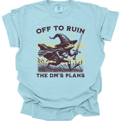 The same Off to Ruin the DM's Plans frog design, on a chambray t-shirt.