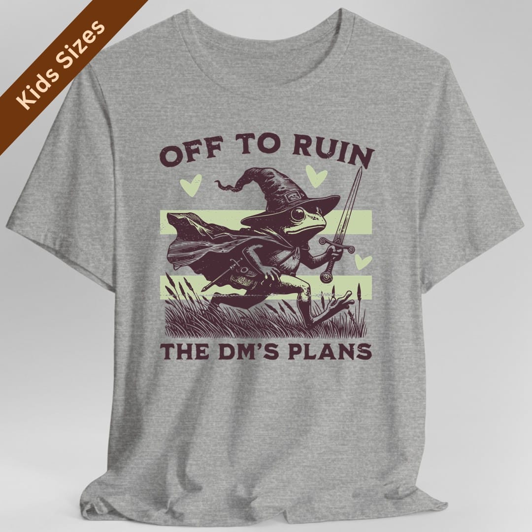 The same Off to Ruin the DM's Plans frog design, on a sport grey kids t-shirt.