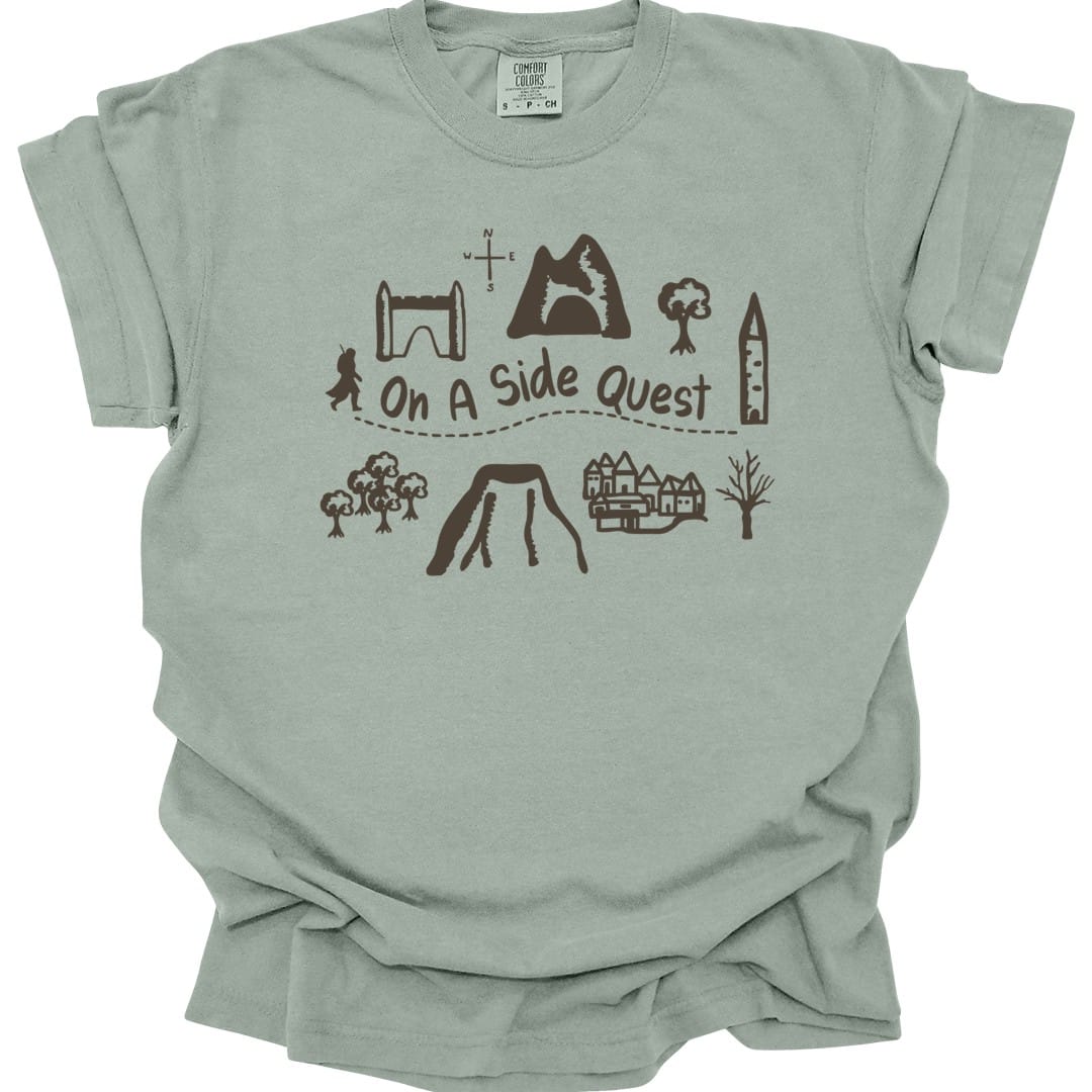 The same Side Quest doodle map design, on a bay t-shirt.
