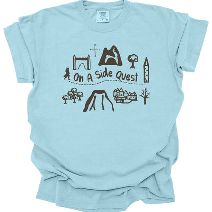 The same Side Quest doodle map design, on a chambray t-shirt.