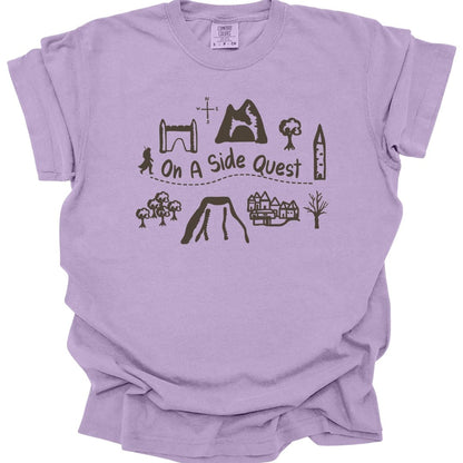 The same Side Quest doodle map design, on an orchid t-shirt.