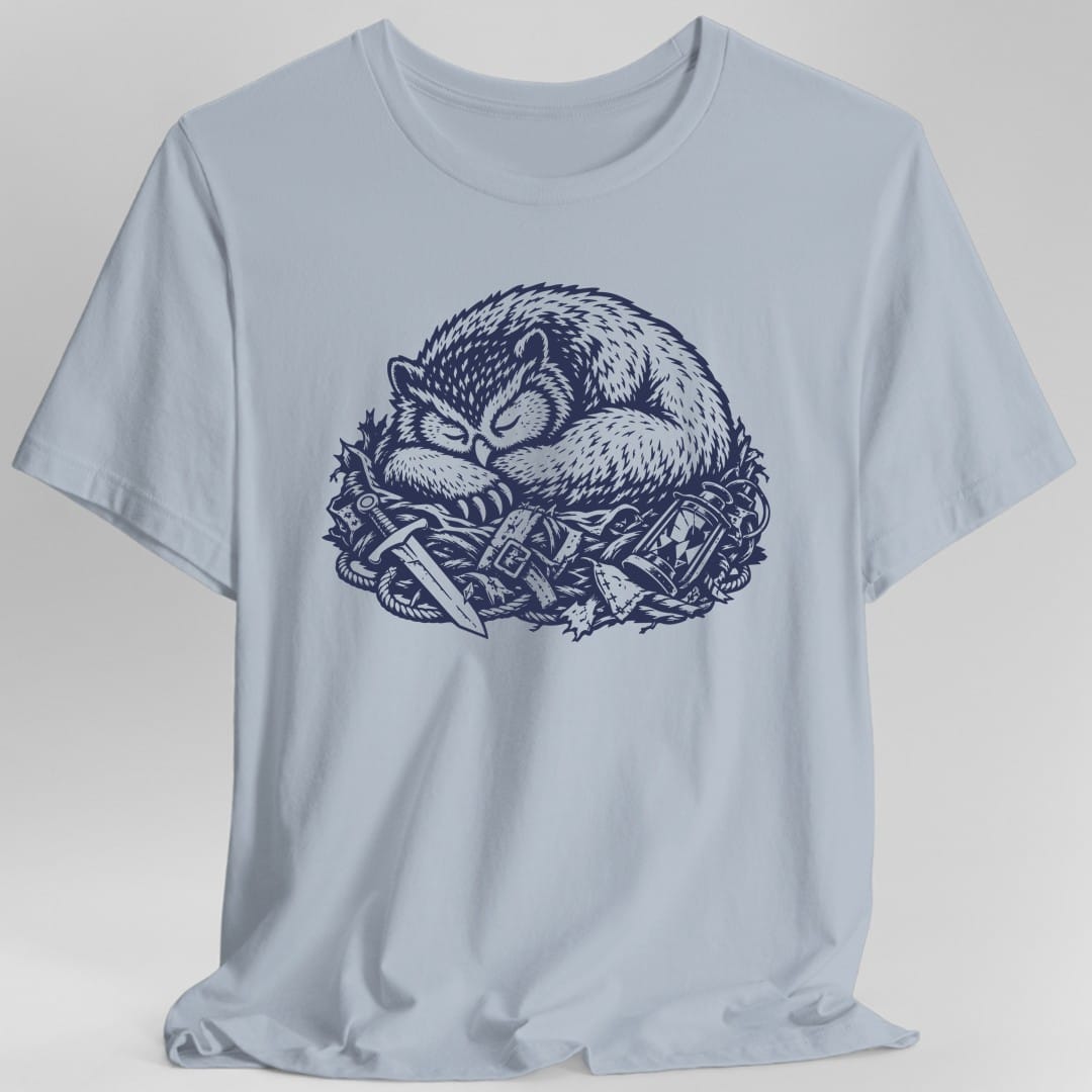The same Owlbear Napping design, on a light blue t-shirt.