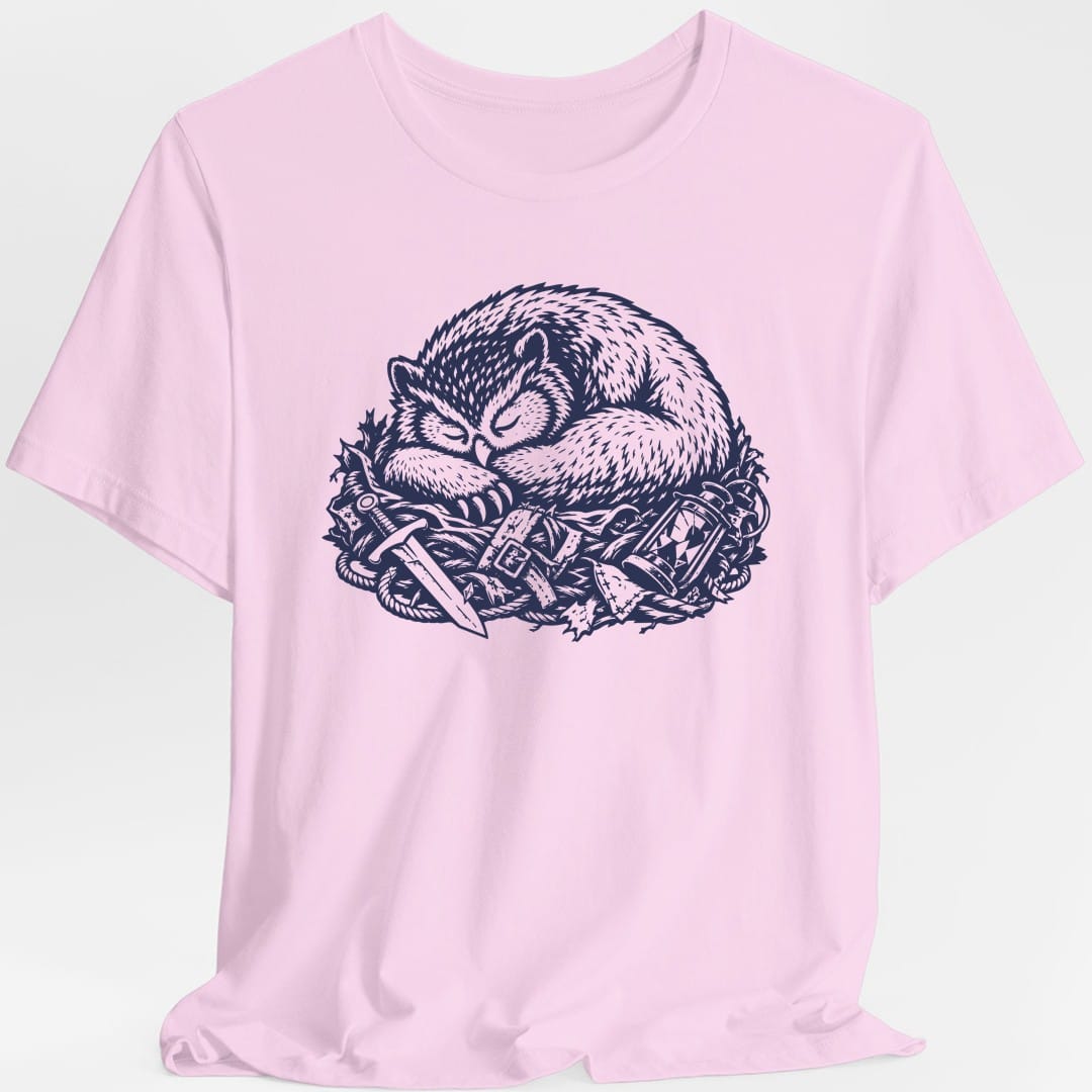 The same Owlbear Napping design, on a light pink t-shirt.