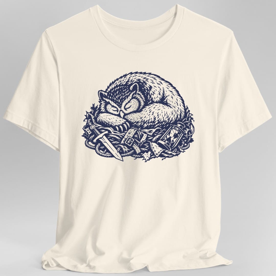 An owlbear lies curled up fast asleep on top of a pile of adventuring gear, a sword, a lantern and a bag tucked underneath it. Drawn in fine engraved lines, all in a single deep navy blue. No words.