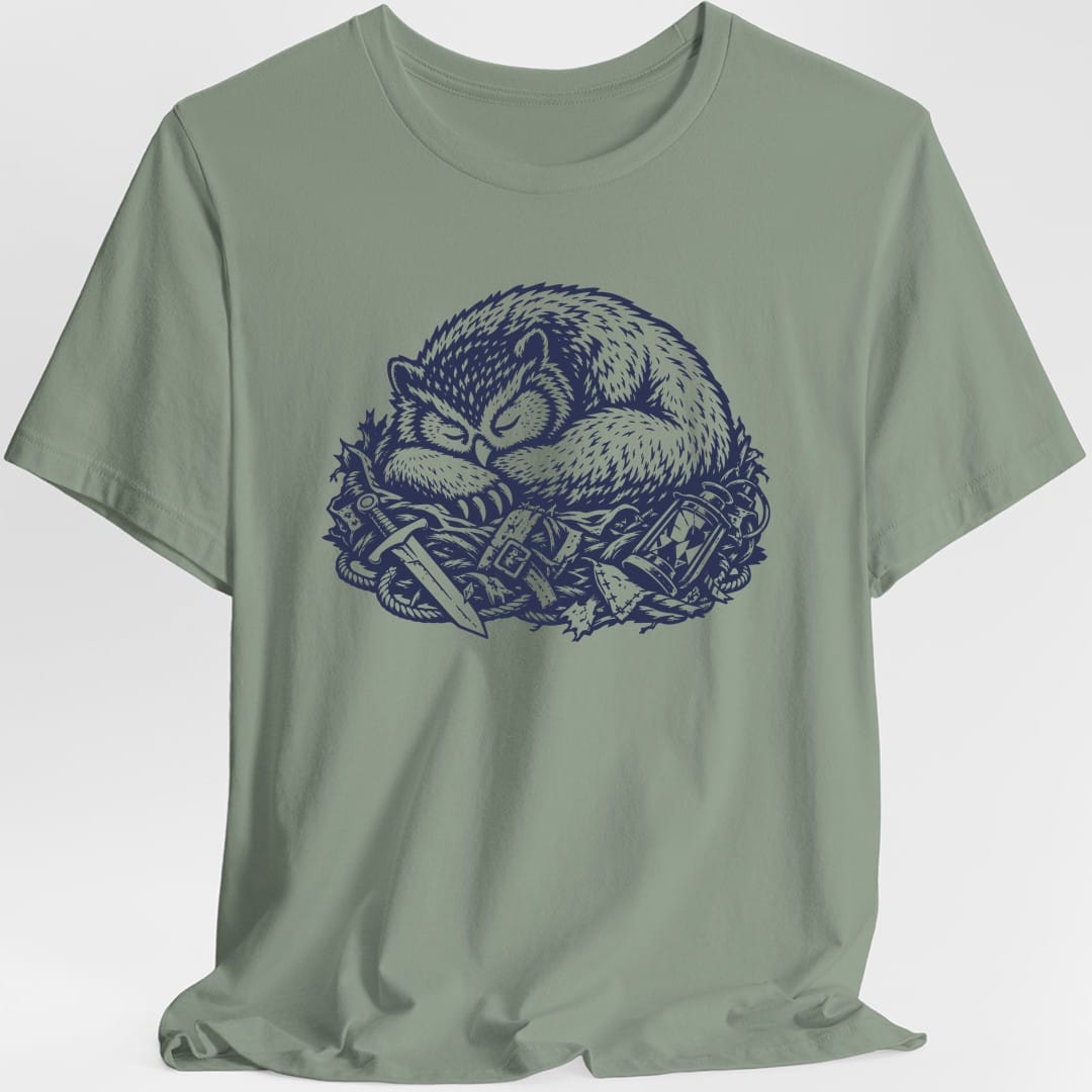 The same Owlbear Napping design, on a sage t-shirt.