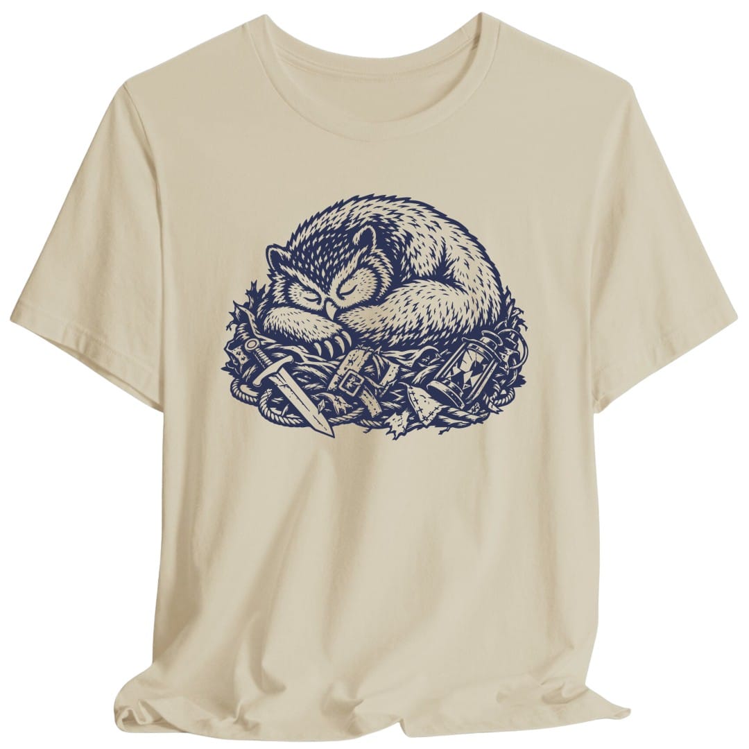 The same Owlbear Napping design, on a sand t-shirt.