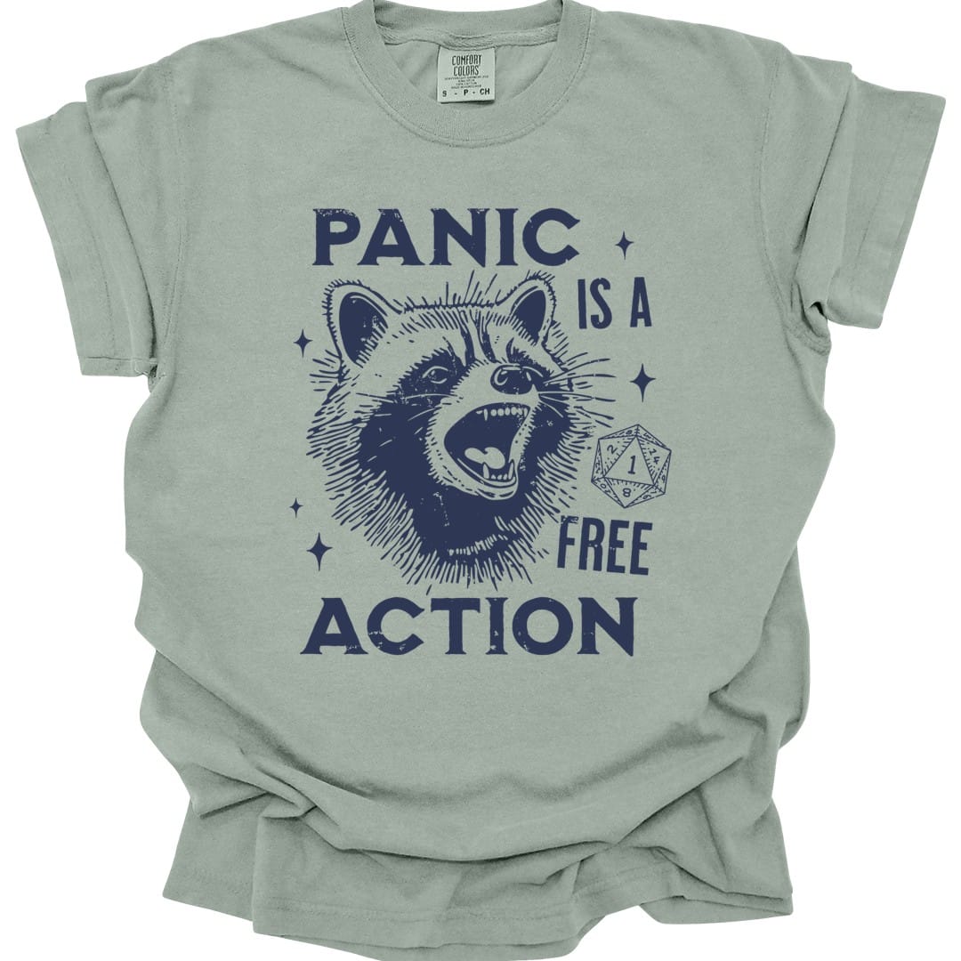 The same Panic Is A Free Action raccoon design, on a bay t-shirt.