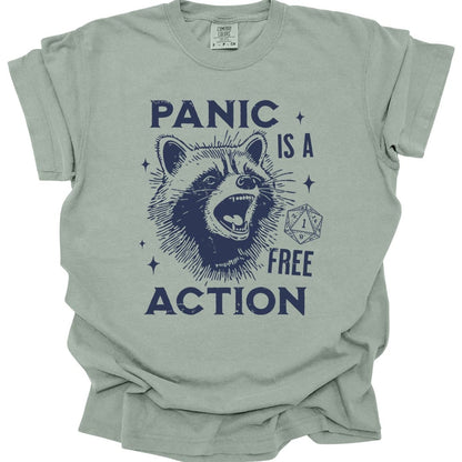 The same Panic Is A Free Action raccoon design, on a bay t-shirt.