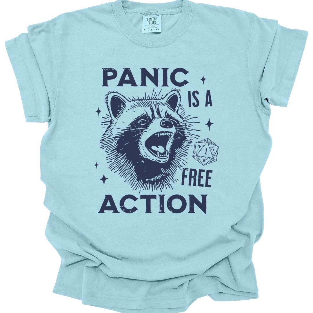 The same Panic Is A Free Action raccoon design, on a chambray t-shirt.
