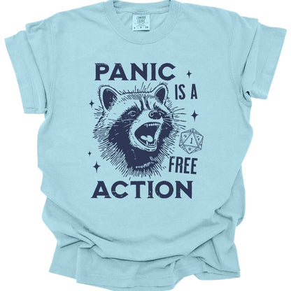 The same Panic Is A Free Action raccoon design, on a chambray t-shirt.