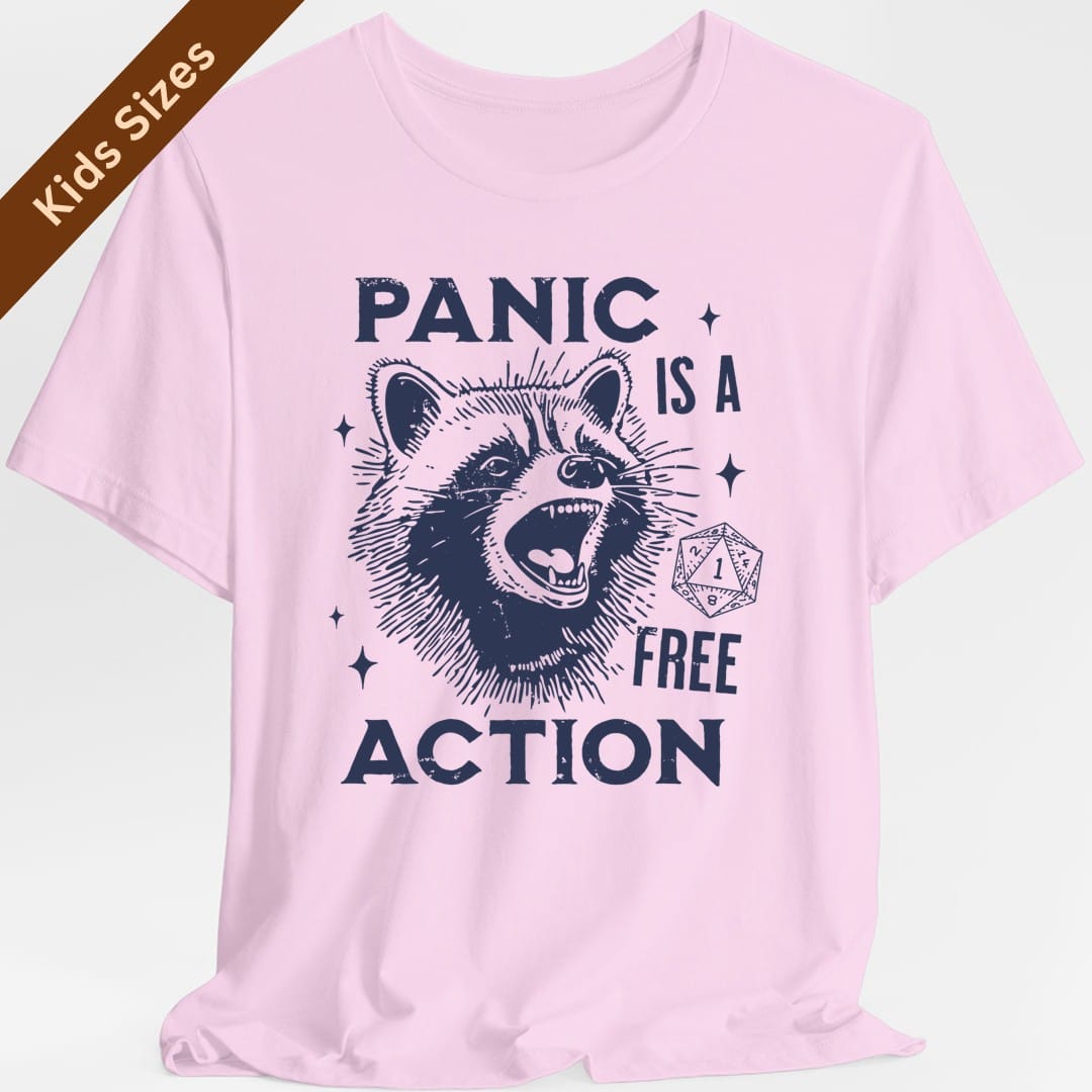 The same Panic Is A Free Action raccoon design, on a light pink kids t-shirt.