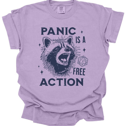 The same Panic Is A Free Action raccoon design, on an orchid t-shirt.
