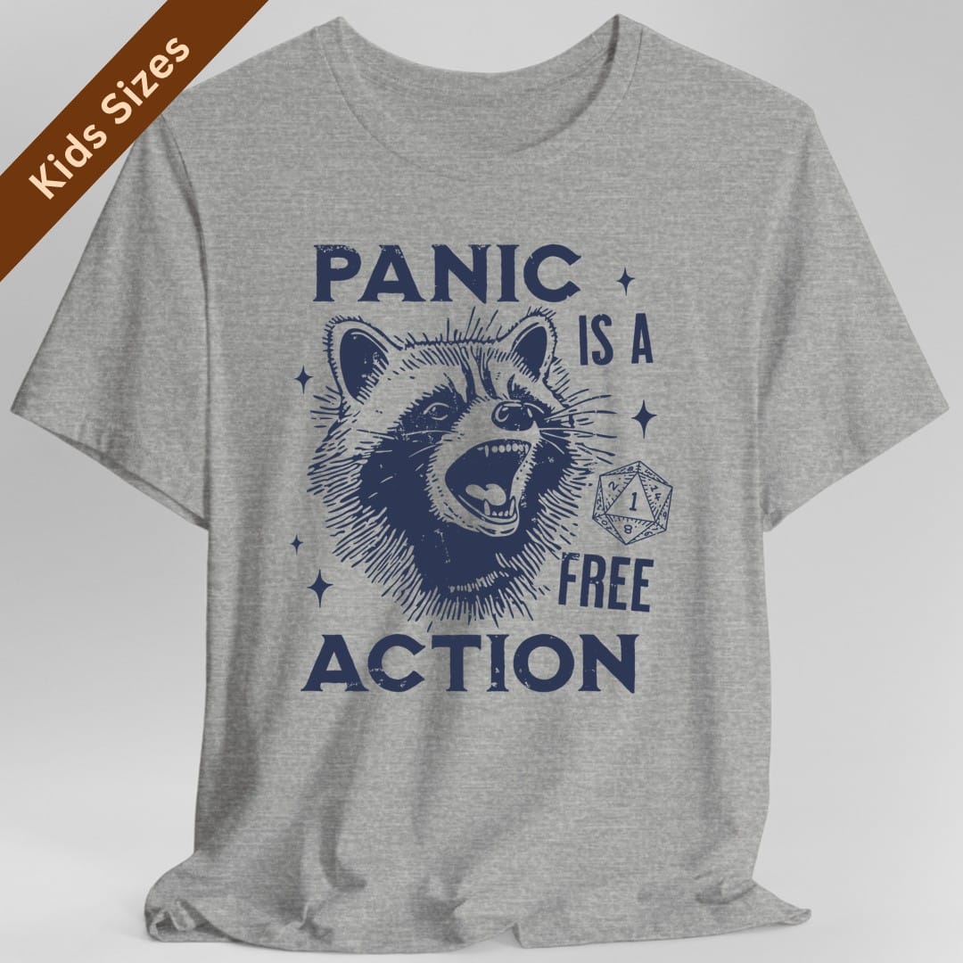 The same Panic Is A Free Action raccoon design, on a sport grey kids t-shirt.