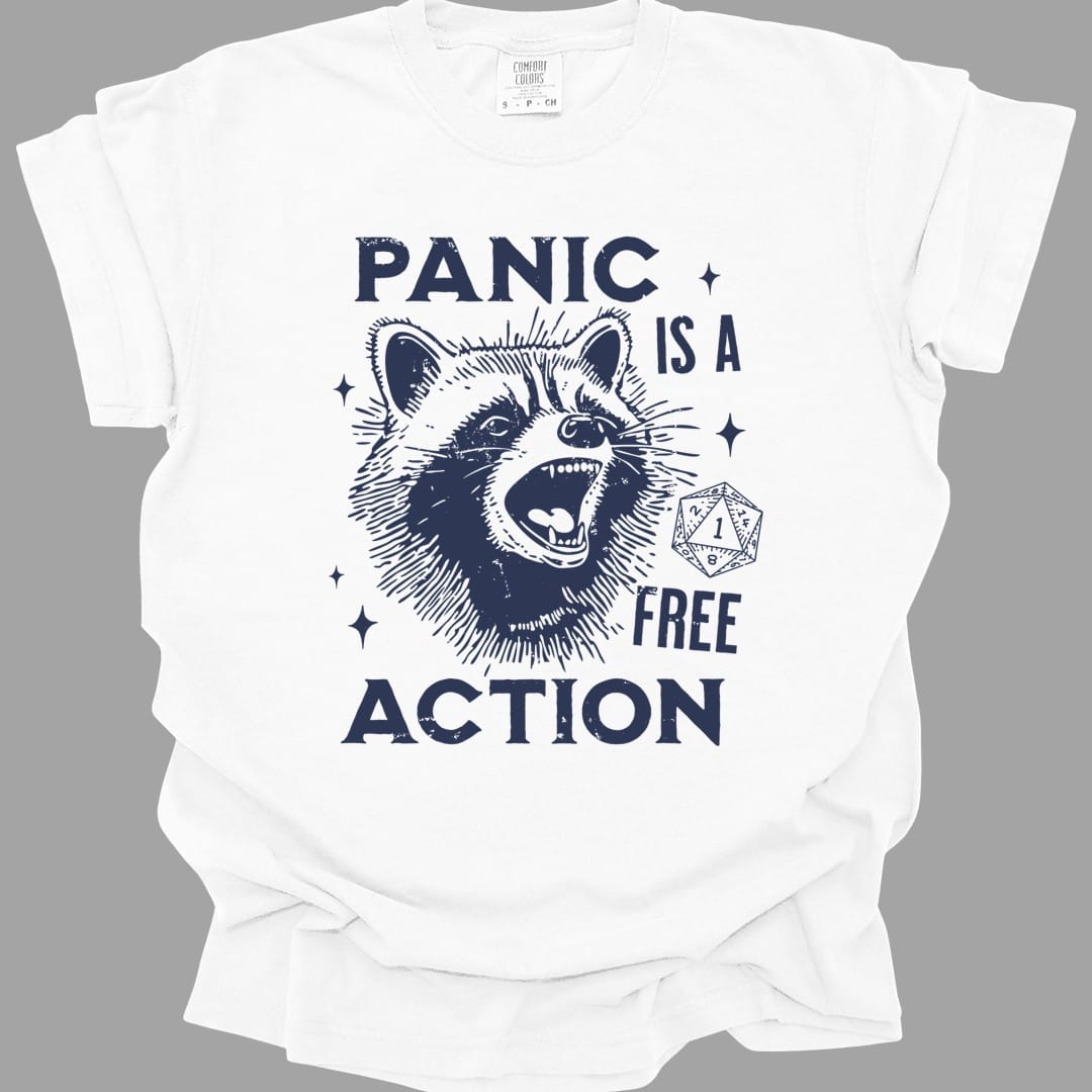 The same Panic Is A Free Action raccoon design, on a white t-shirt.