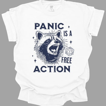The same Panic Is A Free Action raccoon design, on a white t-shirt.