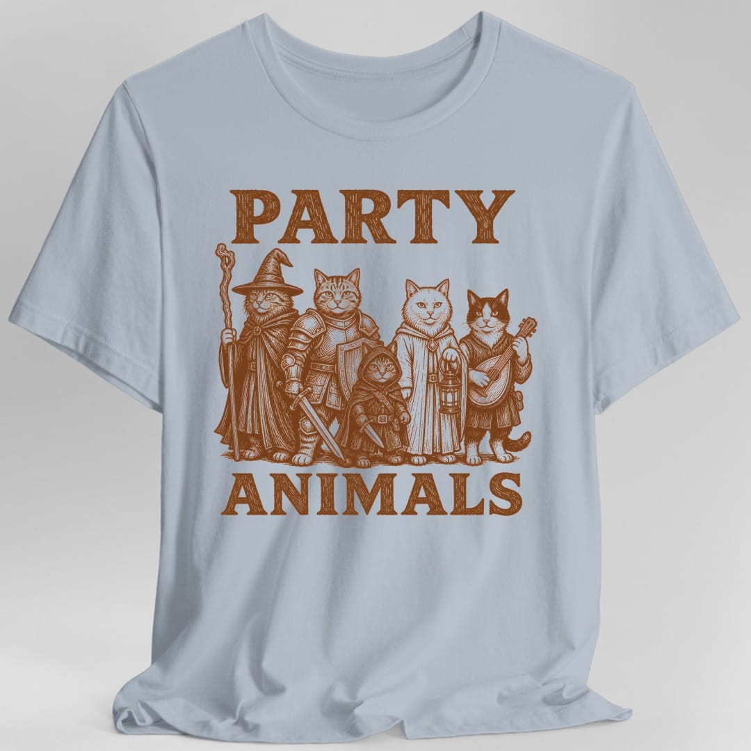 The same Party Animals cats design, on a light blue t-shirt.