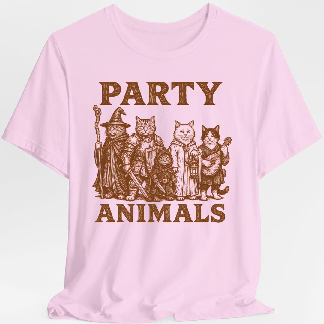 The same Party Animals cats design, on a light pink t-shirt.