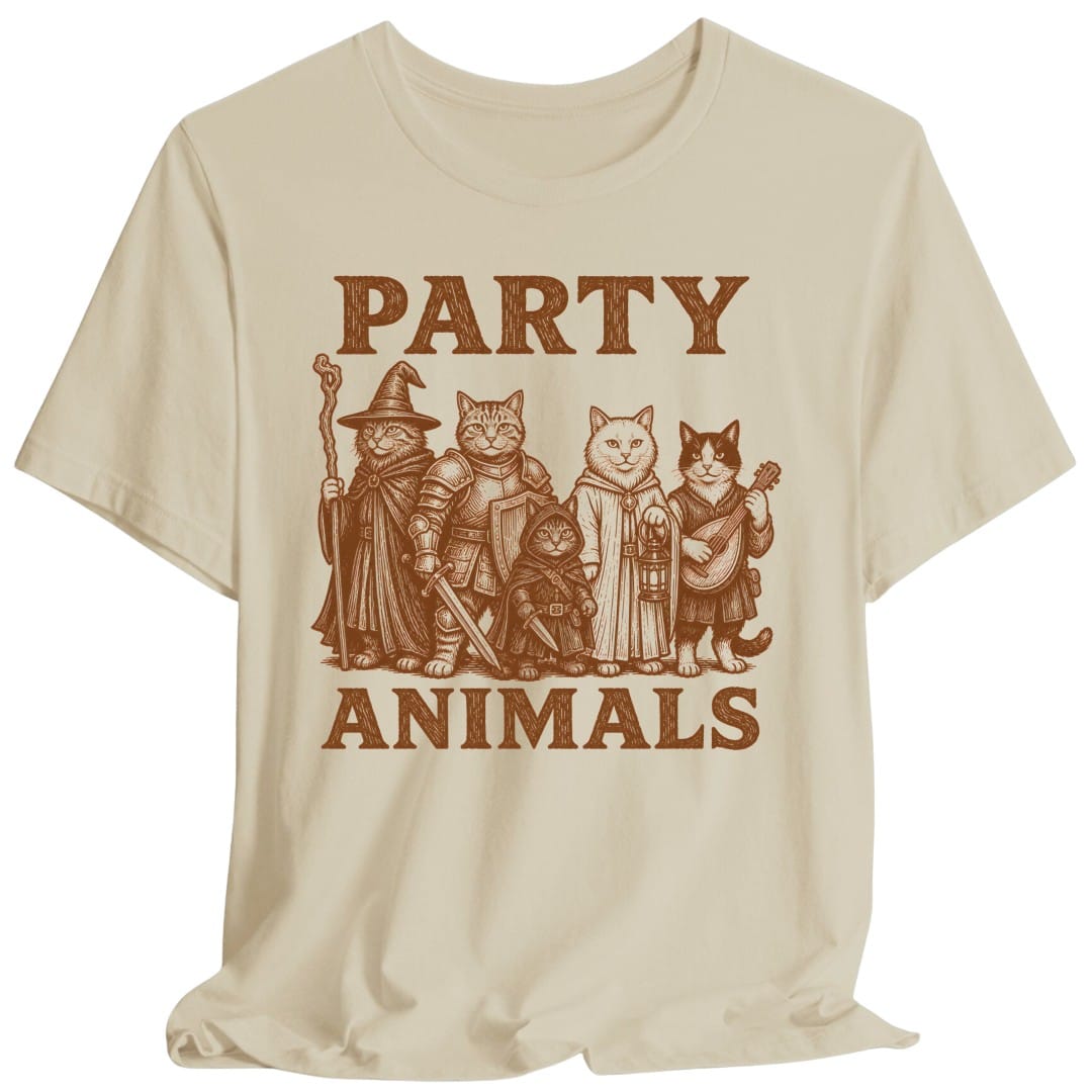 The same Party Animals cats design, on a sand t-shirt.