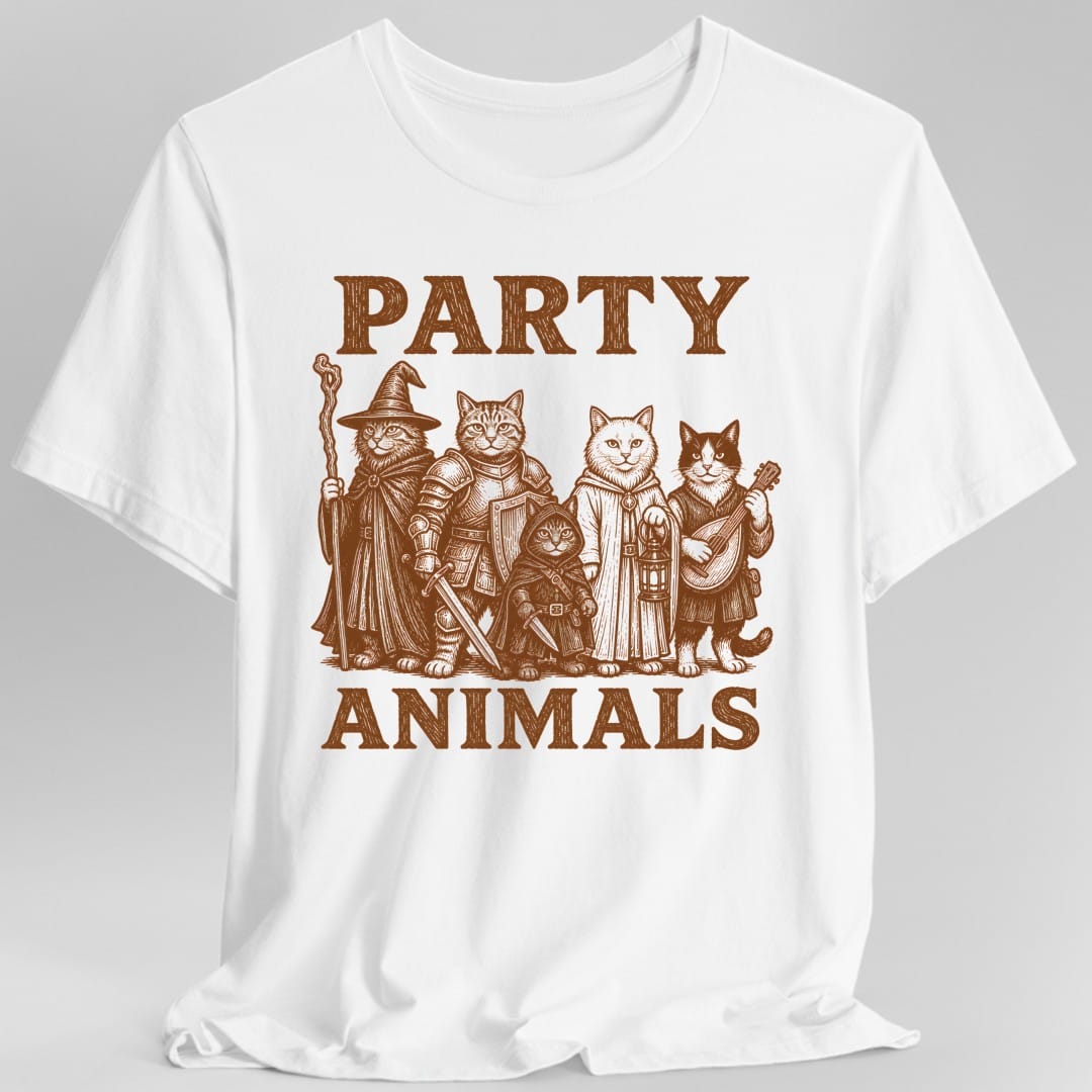 The same Party Animals cats design, on a white t-shirt.