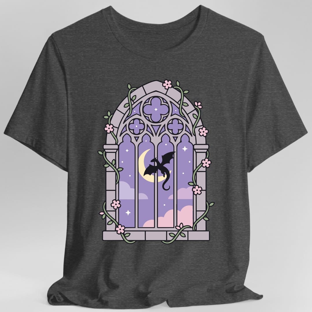 The same Pastel Dragon Window design, on a dark heather t-shirt.