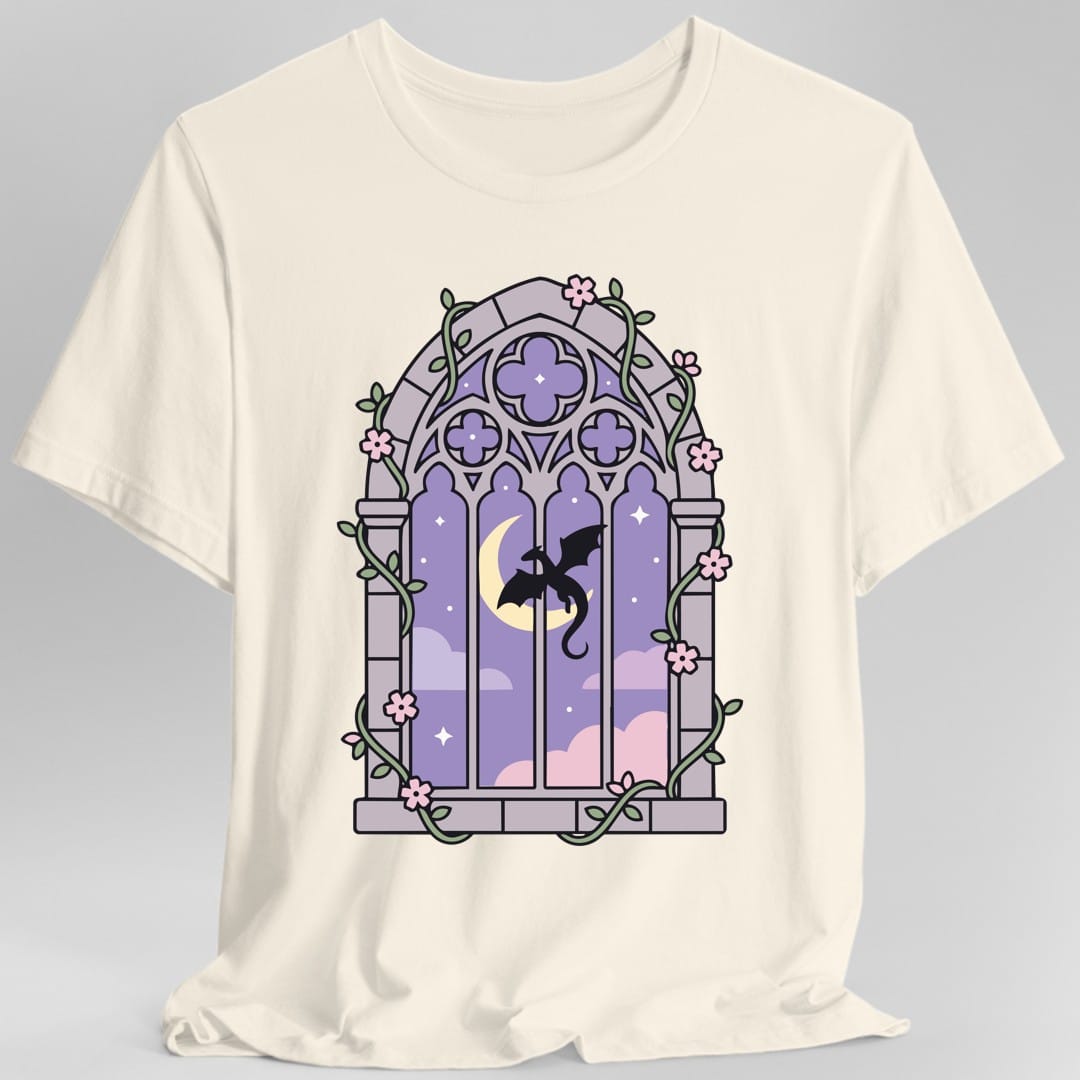 The same Pastel Dragon Window design, on a natural t-shirt.