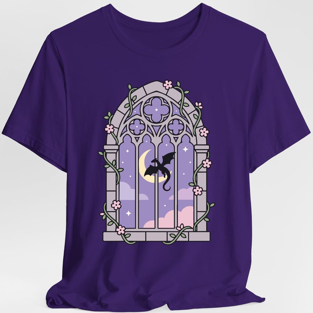 The same Pastel Dragon Window design, on a purple t-shirt.