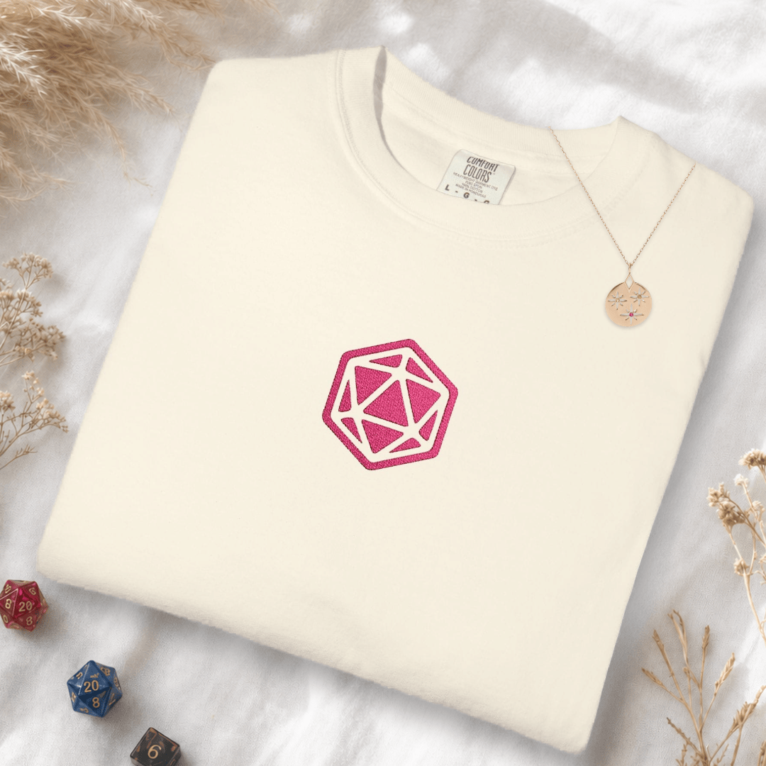 Printify T-Shirt Ivory / S Pink D20 Embroidery T-Shirt - Comfort Colors