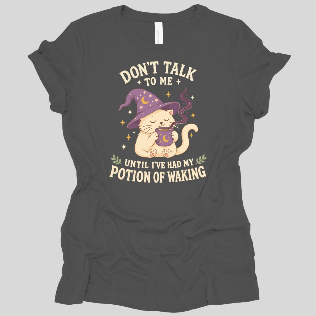 The same Potion Of Waking cat design, on an asphalt women's t-shirt.