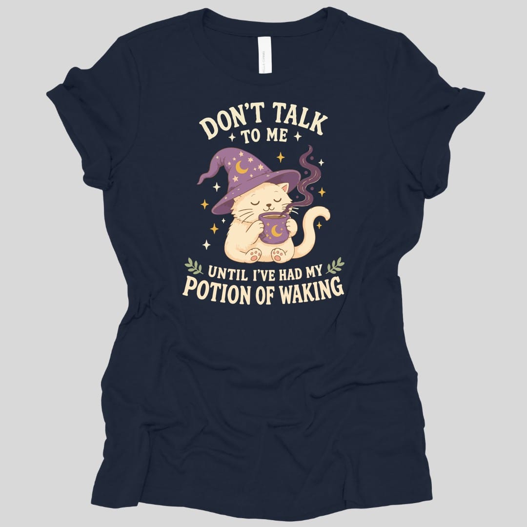 The same Potion Of Waking cat design, on a navy women's t-shirt.