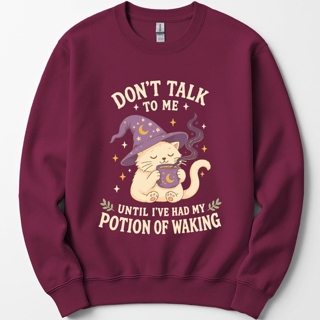 The same Potion Of Waking cat design, on a maroon sweatshirt.