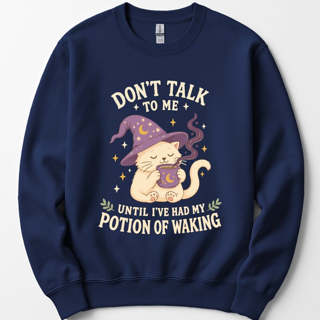 The same Potion Of Waking cat design, on a navy sweatshirt.
