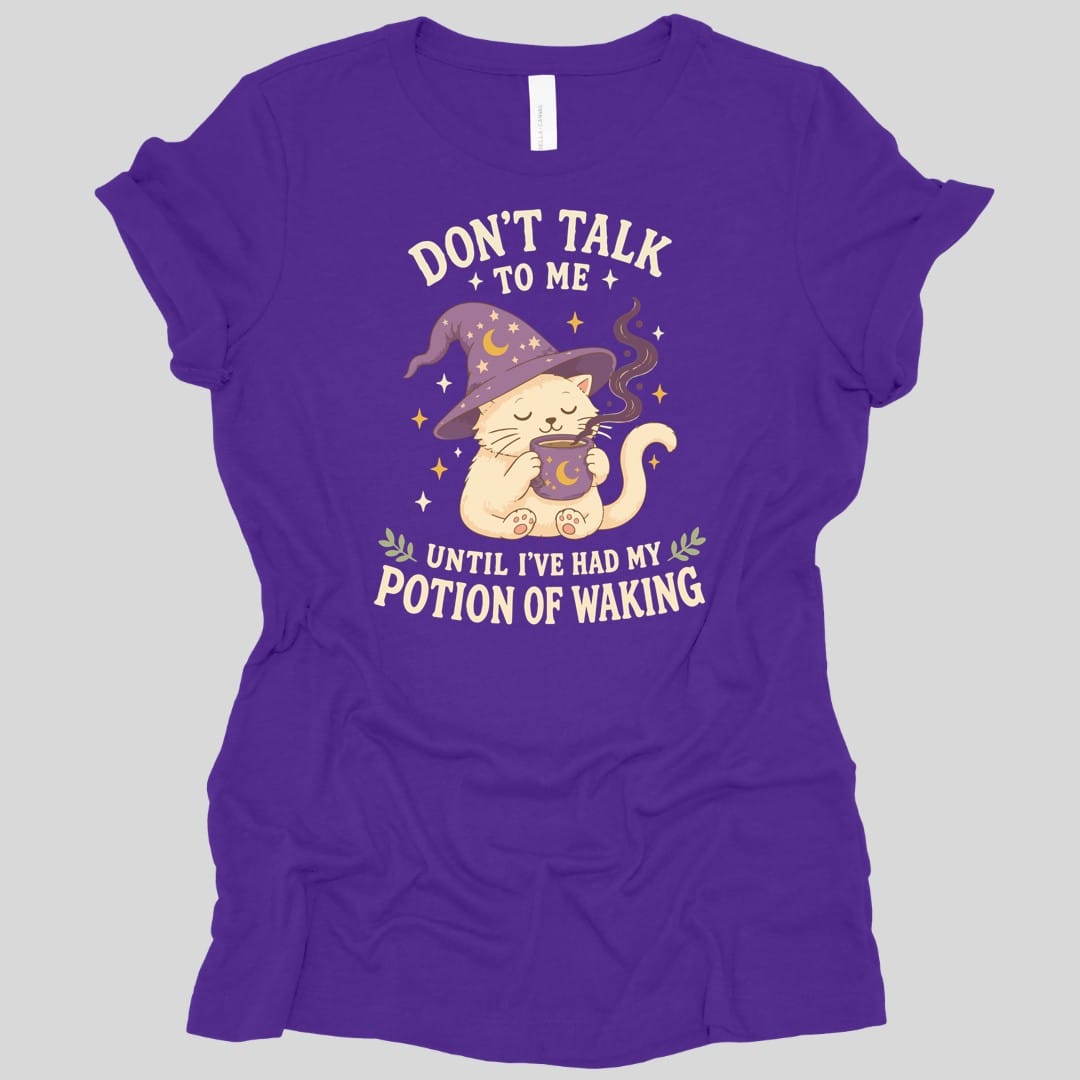 The same Potion Of Waking cat design, on a team purple women's t-shirt.