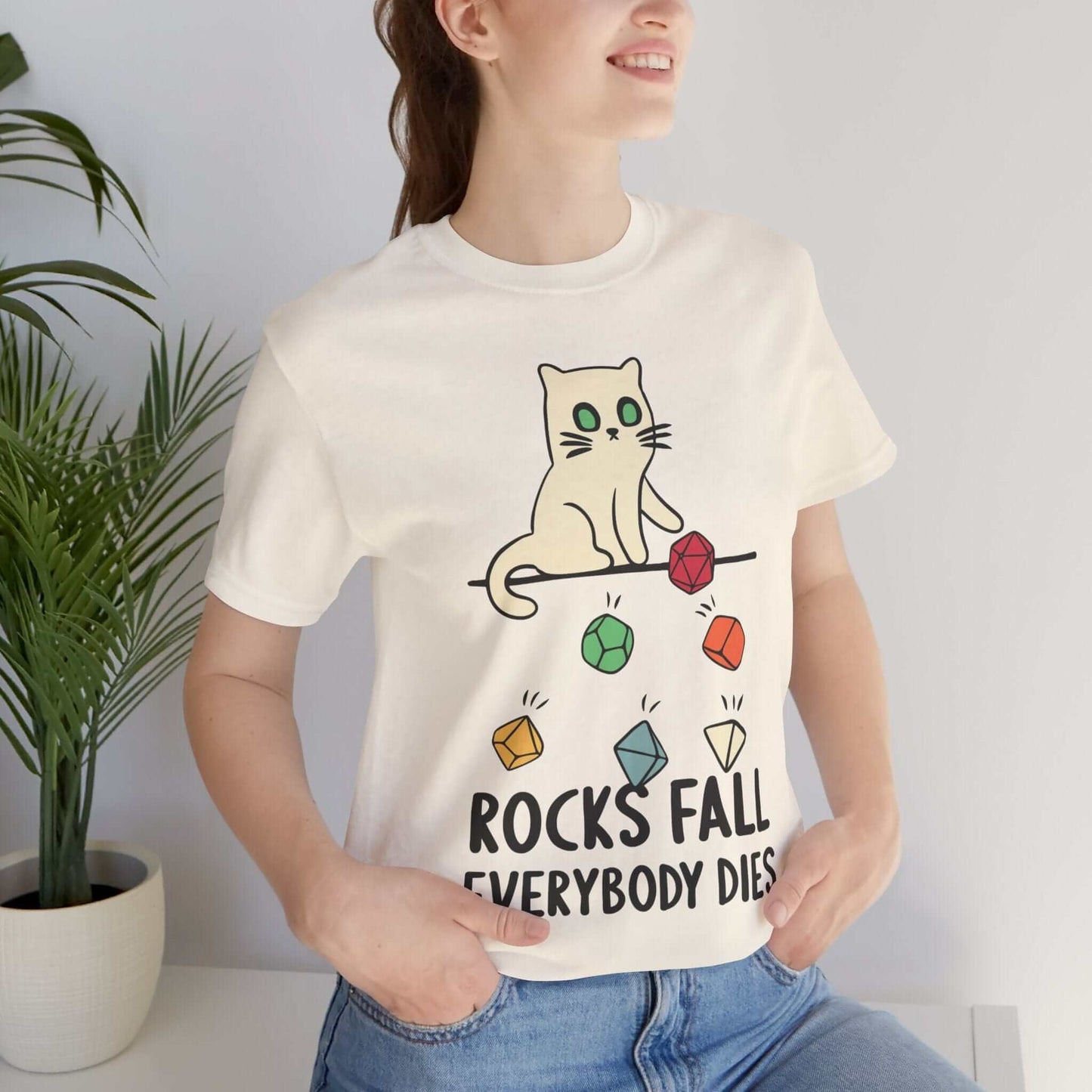 Printify T-Shirt Rocks Fall Everybody Dies Cat Dice T-Shirt